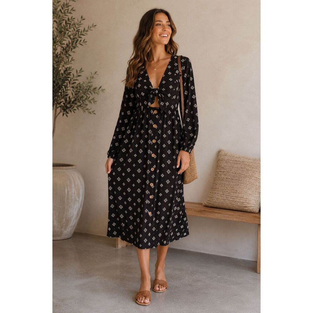 Mimi Chica Black Boho Tie Front Button Front Midi Dress Size Large
